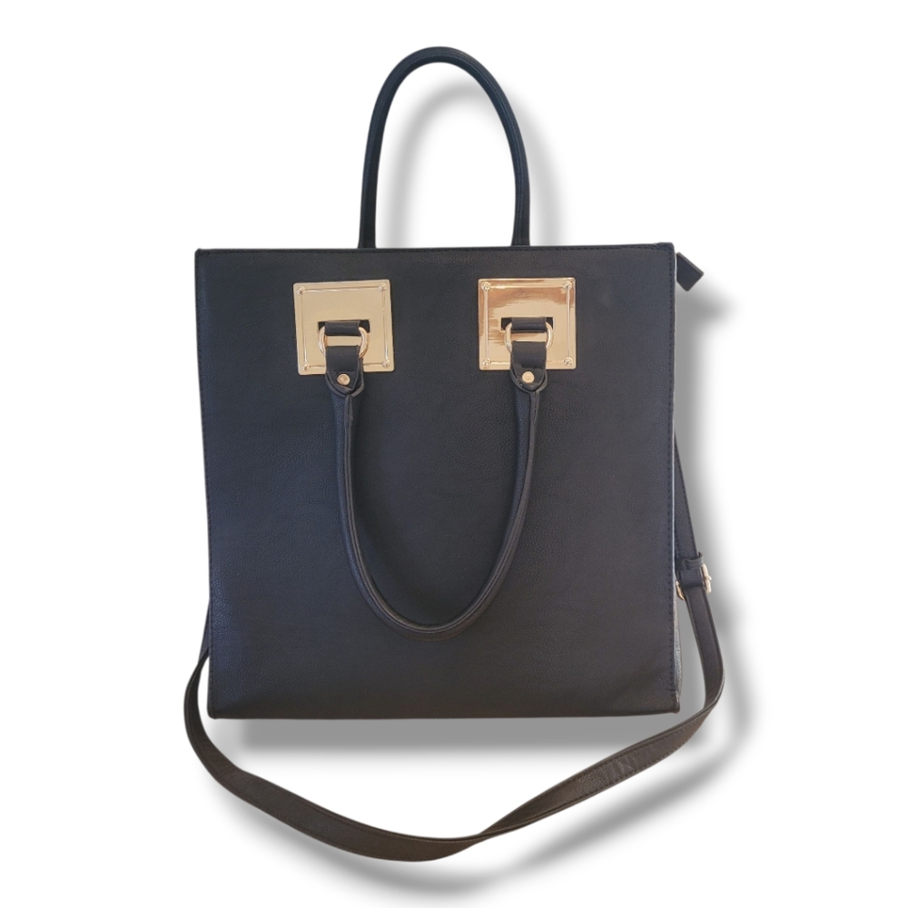 Black Vegan Leather Tote with Handles and Cross Body Strap